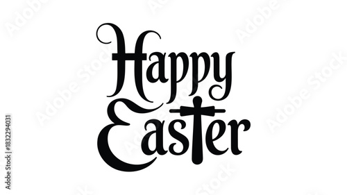 Elegant black calligraphy text happy easter with cross symbol isolated on white background