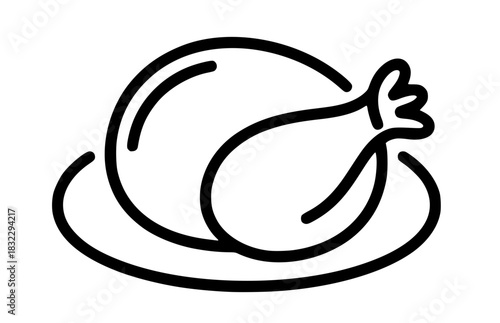 Roast chicken or turkey simple line art icon served on a platter for Thanksgiving and Christmas dinner