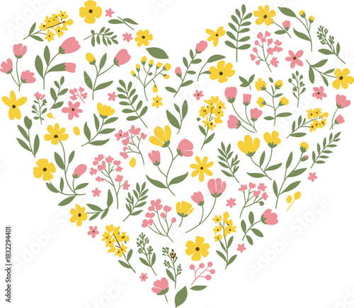 Heart shape filled with colorful flowers and greenery on white background copy space