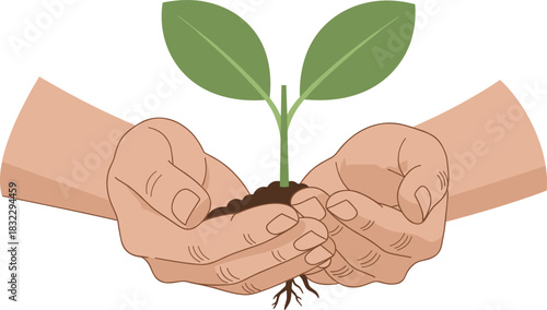 Hands holding a small plant with green leaves and roots on light background copy space