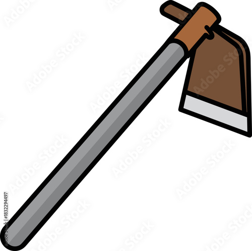 Gardening hoe with wooden handle and metal blade on white background copy space
