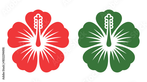 Two stylized hibiscus flowers, one red and one green, are shown side-by-side.