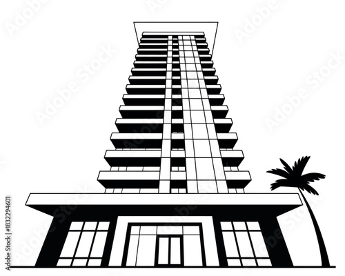 A modern skyscraper building with balconies stands tall against a white background with a palm tree.