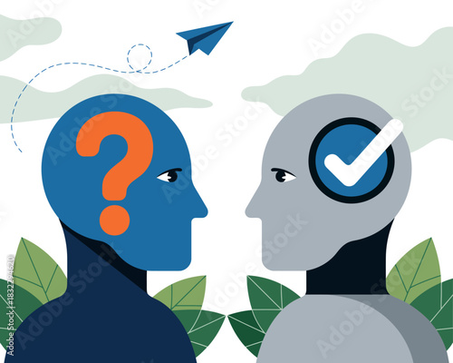 A blue head with a question mark faces a gray head with a checkmark, symbolizing confusion and clarity.