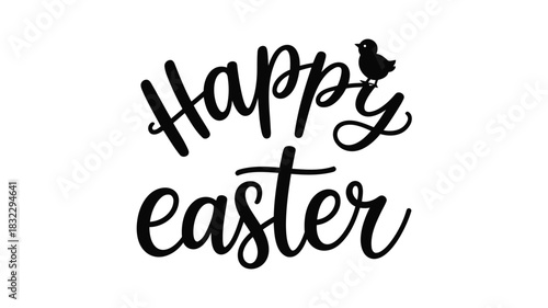 Happy easter handwritten calligraphy with a cute chick silhouette on a white background