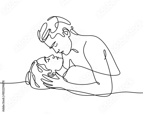 A romantic couple shares a tender moment with a kiss in a single line drawing.