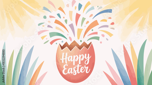 Joyful easter celebration with a cracked egg exploding with colorful confetti and bright sun rays