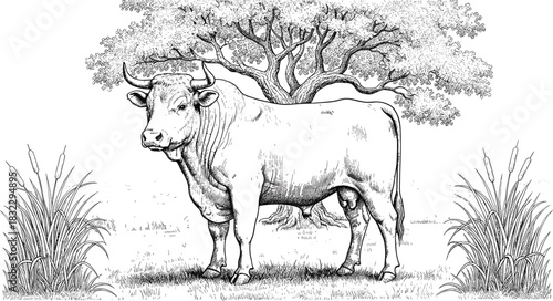 Bull in rural field—black and white vector of muscular bull with tree, grass, and pastoral landscape