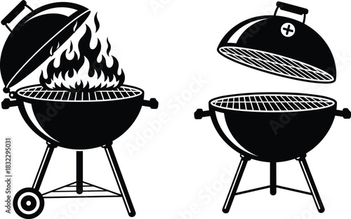 Active vs inactive charcoal grill—black silhouette vector of flaming and crossed-lid barbecue comparison