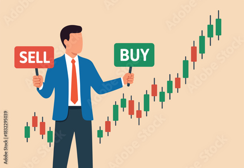 Buy or sell in stock market and crypto currency trading, investment decision, wealth management or financial concept, businessman investment analyst holding buy or sell sign with candlestick chart