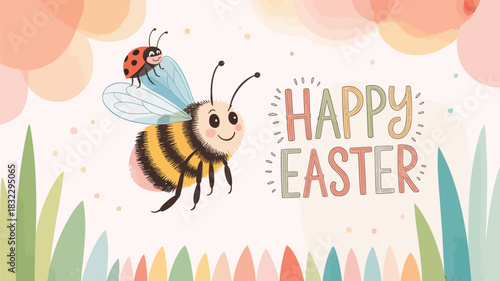 Cute cartoon bee and ladybug flying together with happy easter text and pastel spring background