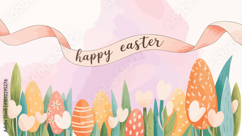Whimsical watercolor easter eggs and flowers with a happy easter greeting ribbon banner