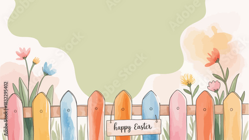 Whimsical watercolor fence with colorful flowers and happy easter sign in a spring garden