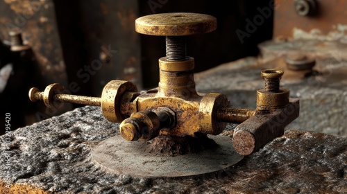 Tarnished brass lock mechanism with complex details on a rough stone surface