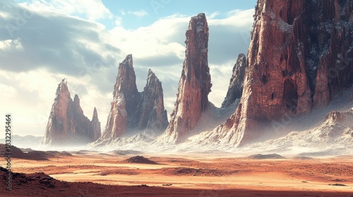 Towering eroded rock formations rise dramatically from a misty desert landscape under a vast cloudy sky