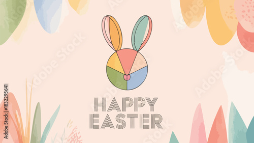 Happy easter greeting card with a stylized geometric bunny and abstract watercolor floral elements