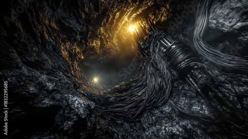 Fototapeta Naklejka Na Ścianę i Meble -  Tangled Electrical Wires and Conduit Inside a Rocky Cave