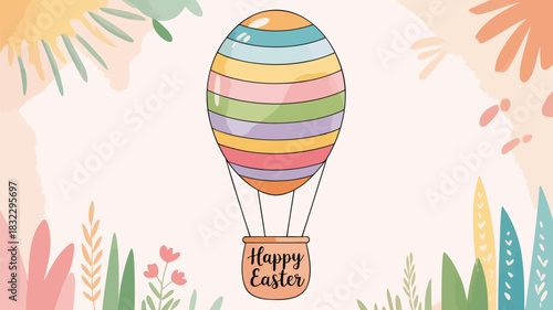 Whimsical easter hot air balloon with colorful stripes and happy easter message floating over pastel floral background