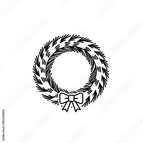 Hand-drawn Christmas wreath with bow on white background  