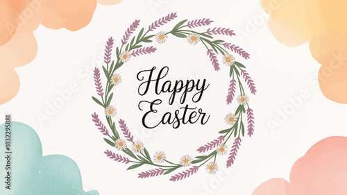 Happy easter greeting card with a delicate floral wreath and watercolor cloud accents