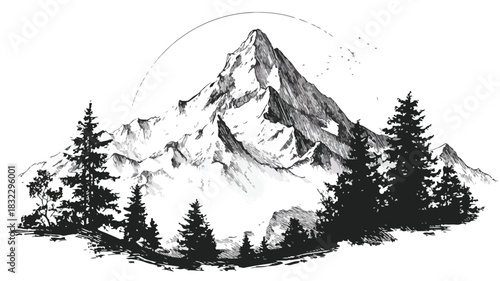 Majestic Mountain Landscape Drawing with Distant Mountain
