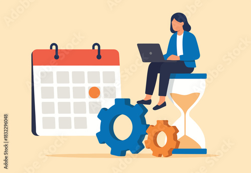 Calendar deadline to finish work, time countdown to launch date, reminder or planner, organize work or work computer laptop on sandglass and calendar date