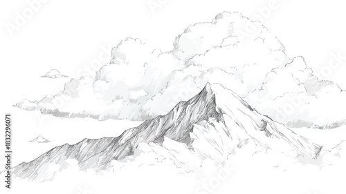 Mountain Drawing with Sky and Clouds Background Vector Illustration