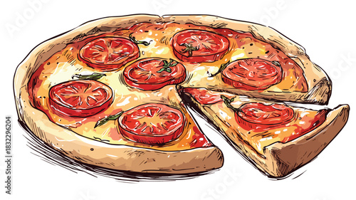 Delicious Pizza with Fresh Tomato and Pepperoni Slice, Food Illustration