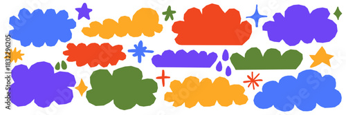 Childlike collage with vibrant clouds and raindrops drawn by hand. Rough painted outlines create a fun weather-inspired pattern. Ideal for cute stationery or children projects
