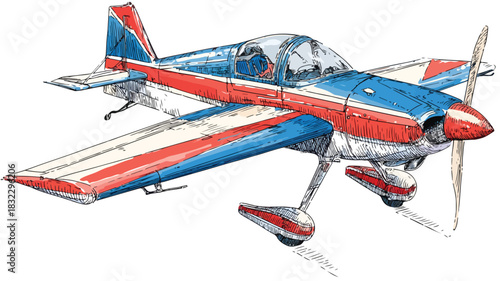 Aircraft Drawing with Red Stripe on Blue and Red Stripes Background