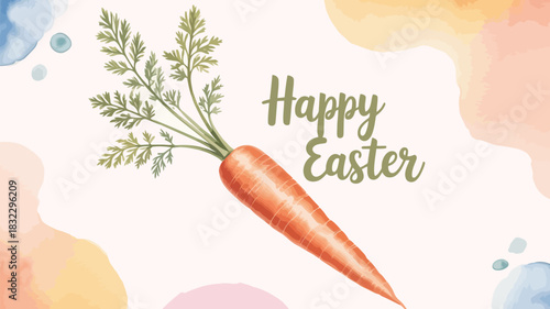Happy easter greeting card with a watercolor carrot and soft pastel abstract shapes