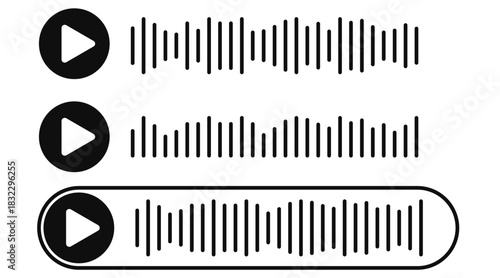 Set of simple sound wave icons. Minimalist audio waveform, decibel graph, and voice message symbols. Clean linear design for music apps, sound recording interfaces, podcasts, audio editing