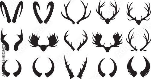 Set of diverse animal horn and antler silhouettes featuring deer, moose, ram, and ibex designs on white background. Vector