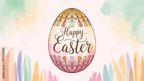 Beautifully decorated happy easter egg with soft watercolor background and colorful brush strokes