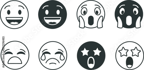 Emotional outline emoji collection showing various facial expressions from happiness to sadness and surprise. Vector