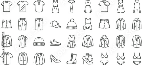 Apparel and footwear line art icon set featuring various garments for men and women, with accessories and undergarments. Vector