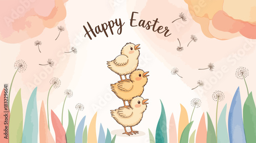 Three adorable fluffy chicks stacked on top of each other celebrating happy easter with dandelions