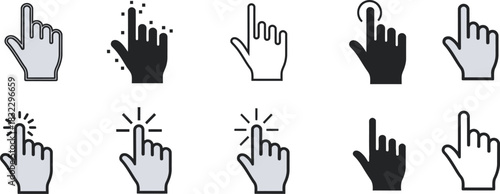 Pointer hand cursor icon set for web design and user interface. collection of click and tap gesture symbols, vector. Vector