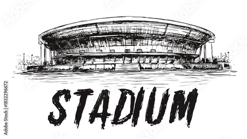 Modern Vector Drawing of Stadium with Bold 'Stadium' Word, Illustration for Sports Events and Architecture