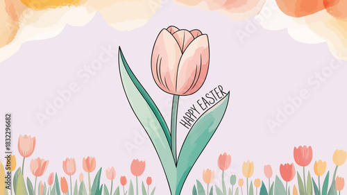 Delicate watercolor illustration of a single pink tulip with happy easter text surrounded by a field of colorful tulips