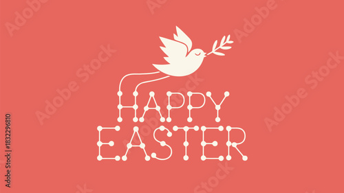 Happy easter greeting card with a white dove carrying a branch and text made of dots on a coral background