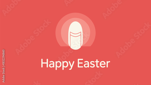 Minimalist happy easter greeting with a stylized egg icon and concentric circles on a coral background