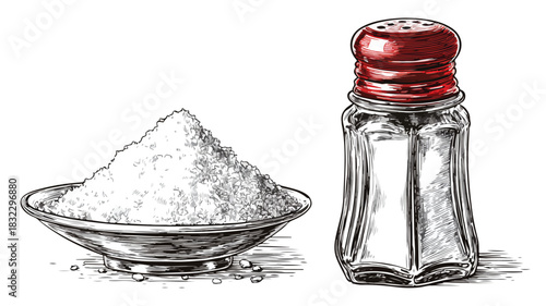 Salt Drawing with Salt Shaker and Next to Salt Vector Illustration