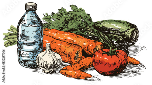Vibrant Drawing of Various Vegetables and a Bowl Full of Fresh Food Items