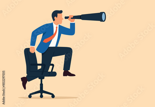 Career future, new job opportunity or visionary to success in work concept, businessman riding office chair using telescope to see future and the way forward