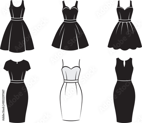 Collection of six black dress silhouettes showcasing various women's fashion styles from classic to modern, isolated. Vector