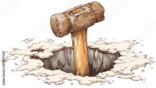 Hammer Stuck in Hole Vector Illustration for Construction Projects