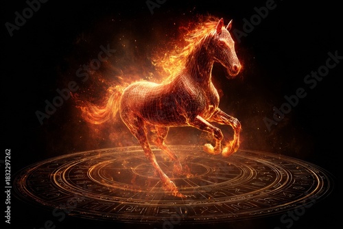 Majestic Fiery Horse Galloping Within a Mystical Circle of Ancient Symbols in a Dark Setting