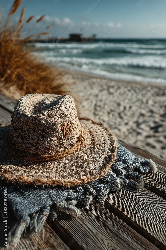 Fototapeta premium Straw sun hat rests on weathered wood by the beach with waves in the background