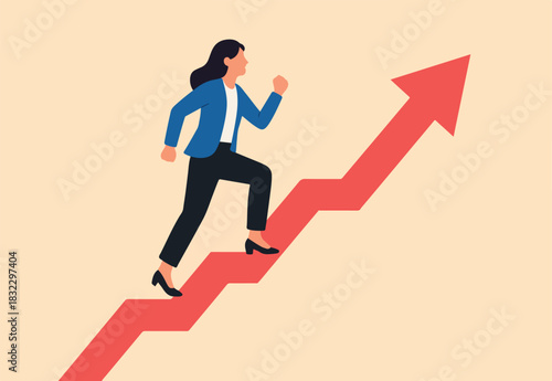 Career growth, growing business or leadership to overcome challenge, motivation to succeed, career development or ambition to success concept, confidence businesswoman walking up growth arrow stair.